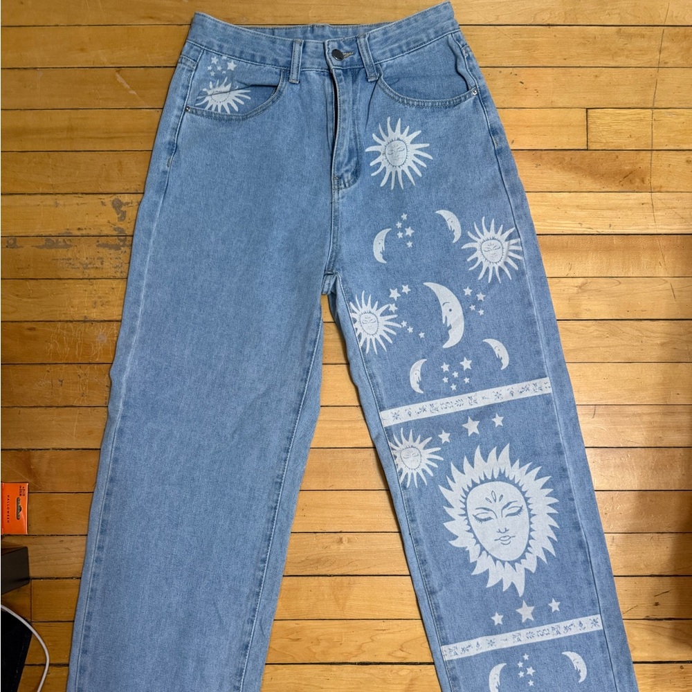 SHEIN Light Blue Denim Jeans with White Sun & Moon Print